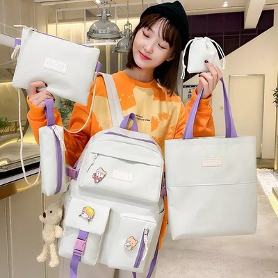 Mädchen-Schultasche stellte Segeltuch ein, das 5-teiliger Rucksack Riemen-Bleistift-Tasche ODM einstellte