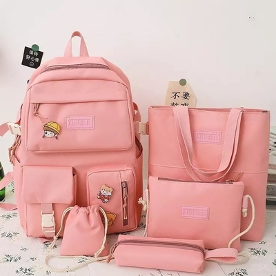 Mädchen-Schultasche stellte Segeltuch ein, das 5-teiliger Rucksack Riemen-Bleistift-Tasche ODM einstellte